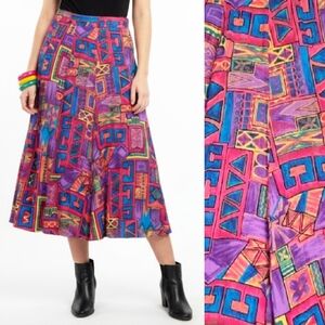 VTG 80s Colorful Abstract Print High Rise ALine Midi Skirt Large *Fits like Med